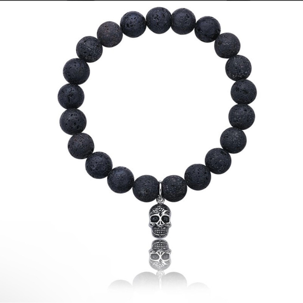 Men's Black Lava Bead Bracelet with Silver Skull Charm